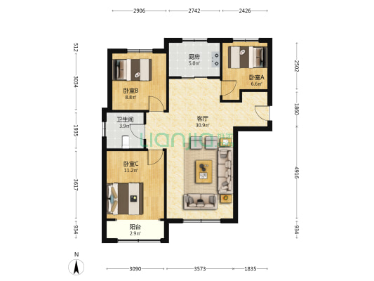 宏庄庭院 3室1厅1卫 100平方