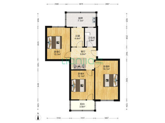 福康街东居民楼 3室1厅1卫 86平方