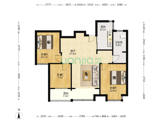 琥珀名郡香颂里 3室1厅1卫 105平方