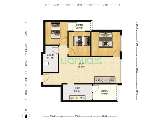 东湖置业 3室1厅1卫 90平方