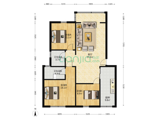 段家坝B区 3室1厅2卫 106平方