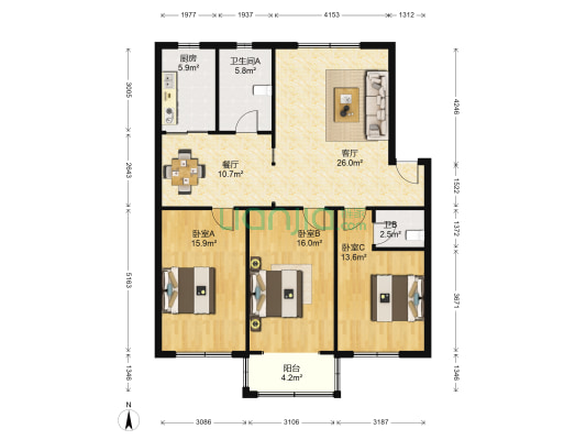 绿洲小区北院 3室2厅2卫 131平方