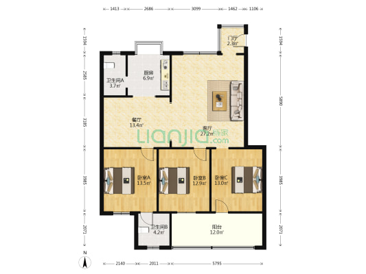 五银小区 3室2厅2卫 121平方