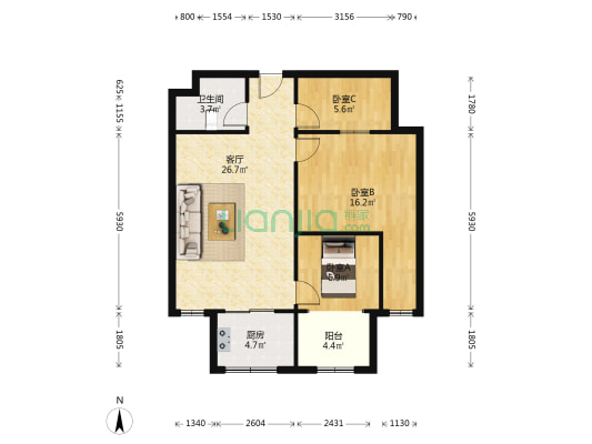 惠友旺角 3室1厅 南-户型图