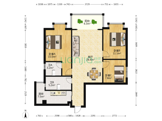 德盛华庭 3室1厅2卫 109平方