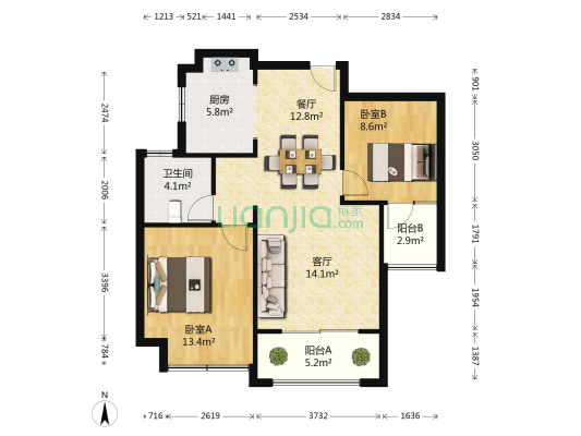 海悦嘉园 2室2厅1卫 96平方