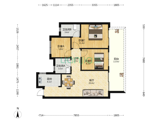 防城港彰泰观江海 3室1厅2卫 90平方