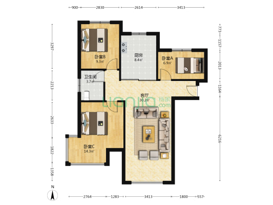精装修 南北通透三居室 中间楼层 全天采光无遮挡-户型图