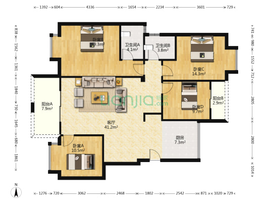 成发莱茵北郡 4室1厅2卫 134平方
