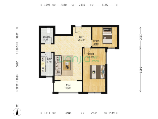 滨海街道办事处海崖社区 2室1厅1卫 89平方