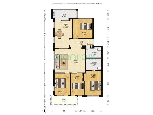 金鹰小区 4室2厅2卫 128平方