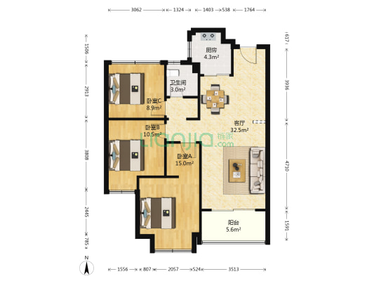龙湖狮山天街生活广场一期 3室1厅1卫 105平方