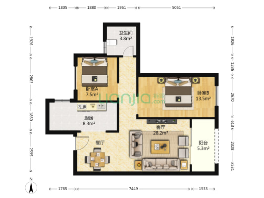 红星天铂北区 2室1厅1卫 77平方