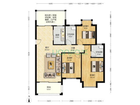 朝阳居 3室1厅2卫 116平方