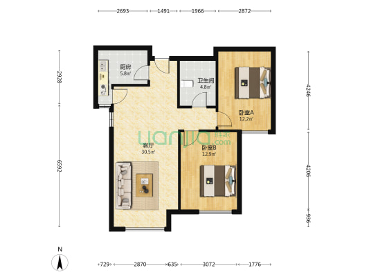 鸿坤南向两居室  精装修   中间楼层  随时看房-户型图