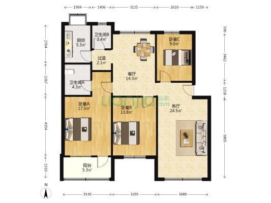 聚福园 3室2厅2卫 117平方