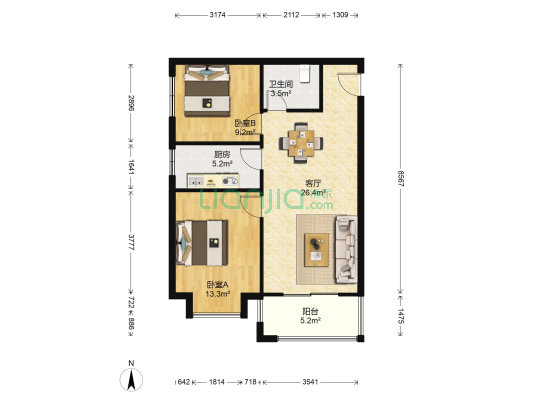 伟业芝华室 2室1厅1卫 86平方