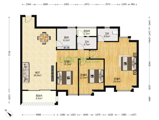 新东方花园 3室1厅2卫 135平方