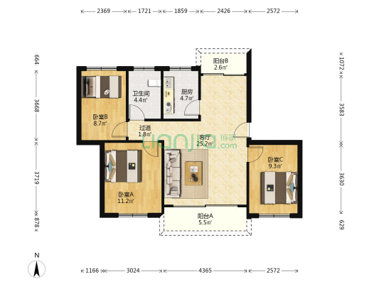 东湖山庄 3室1厅1卫 93平方