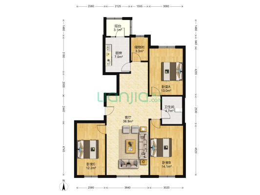 香悦蓝天下 3室1厅1卫 132平方