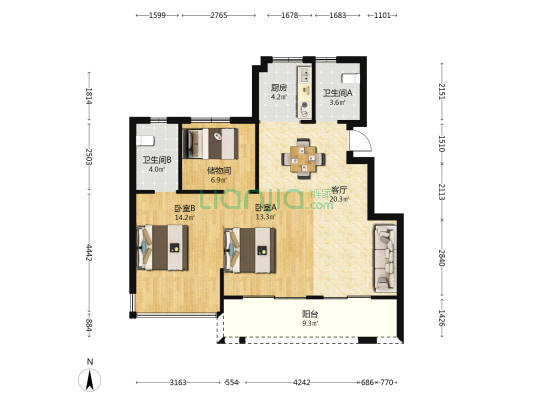 悦景湾 2室1厅2卫 88平方