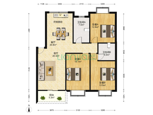 石堰苑南区 3室2厅2卫 125平方