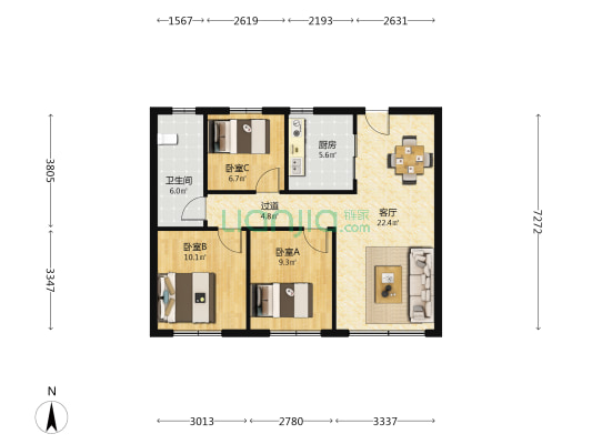 中海林溪世家锦园 3室1厅1卫 88平方