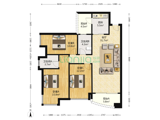 景业荔都 3室1厅2卫 113平方