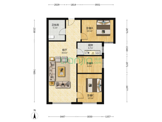 高铁新干线 3室2厅 南-户型图