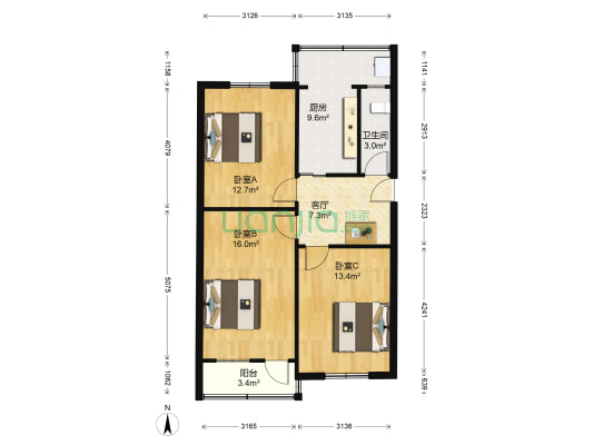 淮北街32号 3室1厅1卫 77平方