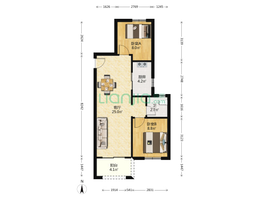 中海光谷东麓 2室1厅1卫 70平方