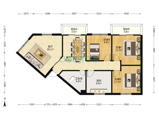 世发家园二期 3室2厅1卫 107平方