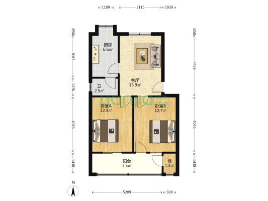 人民西路288号 2室1厅1卫 63平方