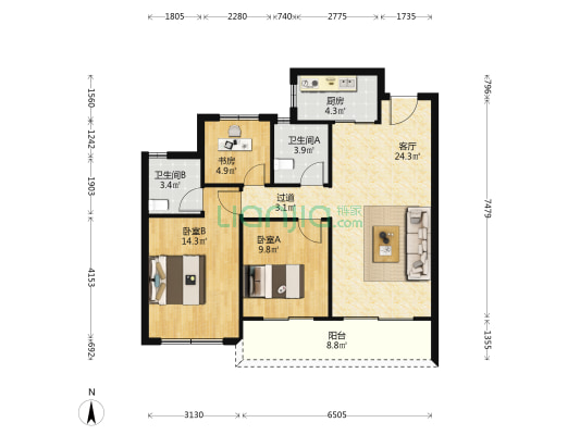 龙湖金帝天汇 3室1厅2卫 99平方