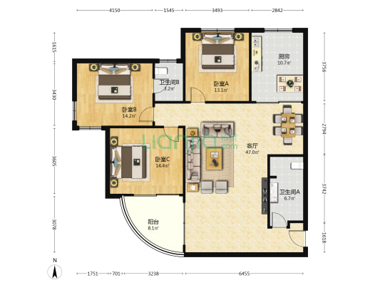 悦泉公寓 3室1厅2卫 154平方