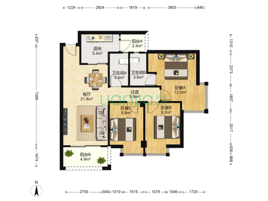竹雅苑 3室1厅2卫 88平方