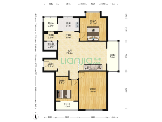 天赐颐府 2室1厅1卫 147平方