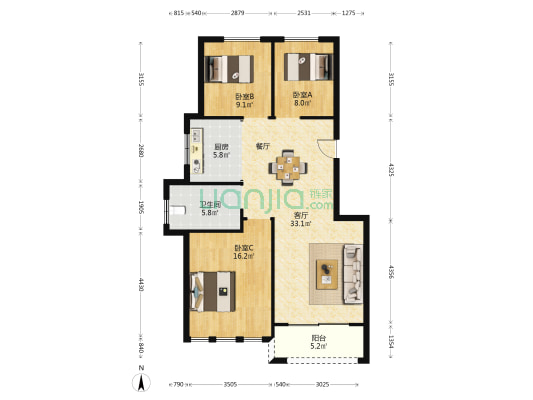 宝龙街雅苑 3室1厅1卫 104平方