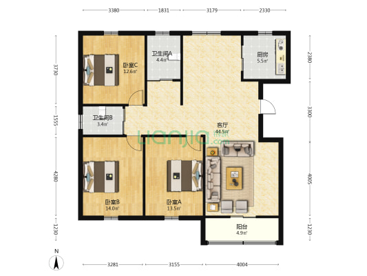 花亭大厦 3室1厅2卫 144平方