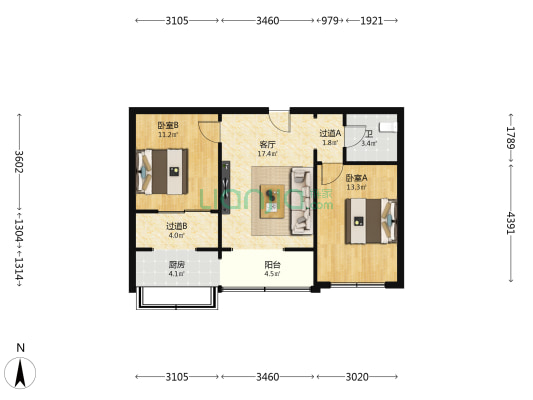 饮食服务公司宿舍 2室1厅1卫 72平方