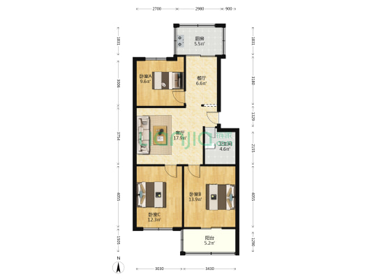 双塔北路85号 3室2厅1卫 90平方