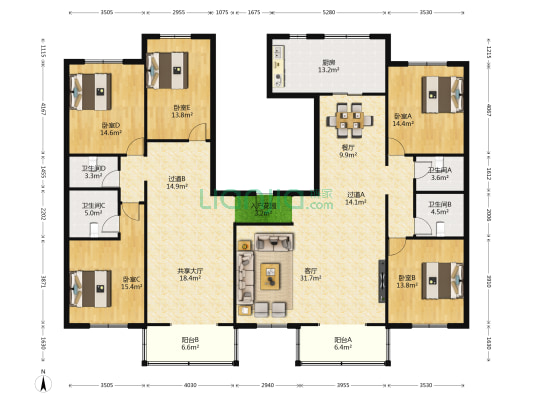 蕴华景苑小区 5室3厅4卫 266平方