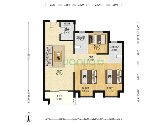 江汇城三期北区 3室1厅2卫 93平方