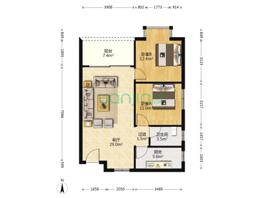江湾誉景大厦 2室1厅1卫 87平方