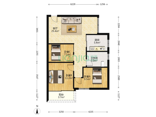 矿泉北街5号大院 3室1厅1卫 78平方