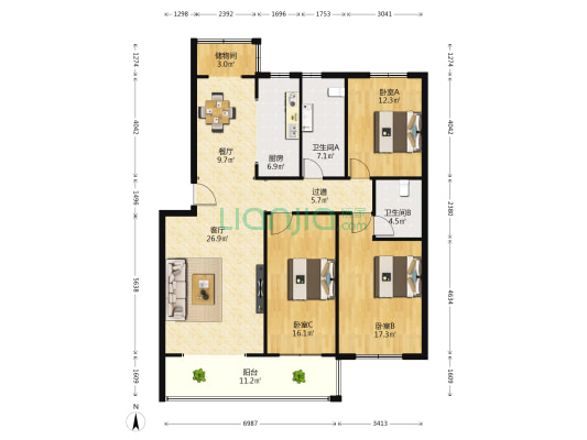 锦绣乾城 3室2厅2卫 150平方