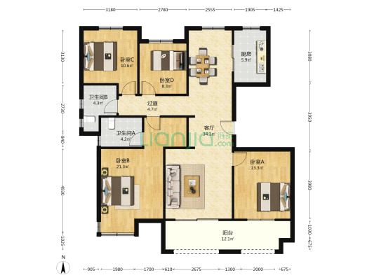 金科中心二期 4室1厅2卫 144平方