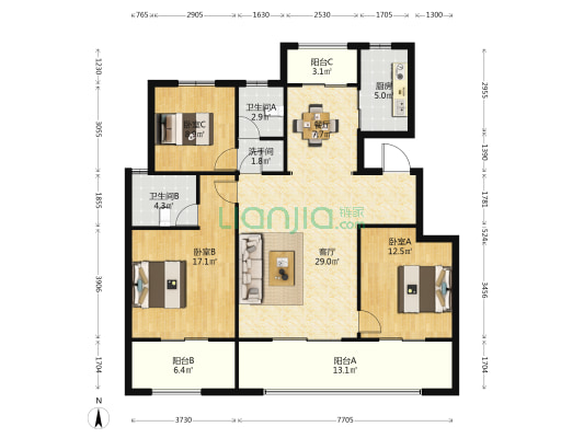 建业滨河院子北院 3室2厅3卫 129平方