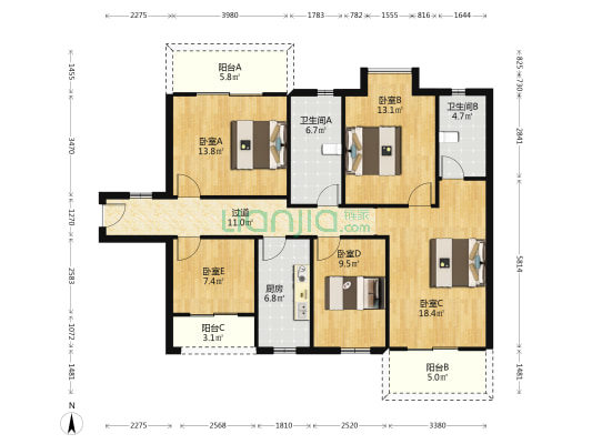 江腾苑B区 5室0厅2卫 130平方