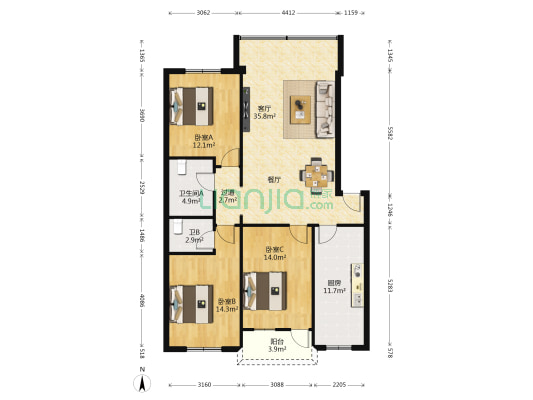 通达理大厦 3室1厅2卫 118平方